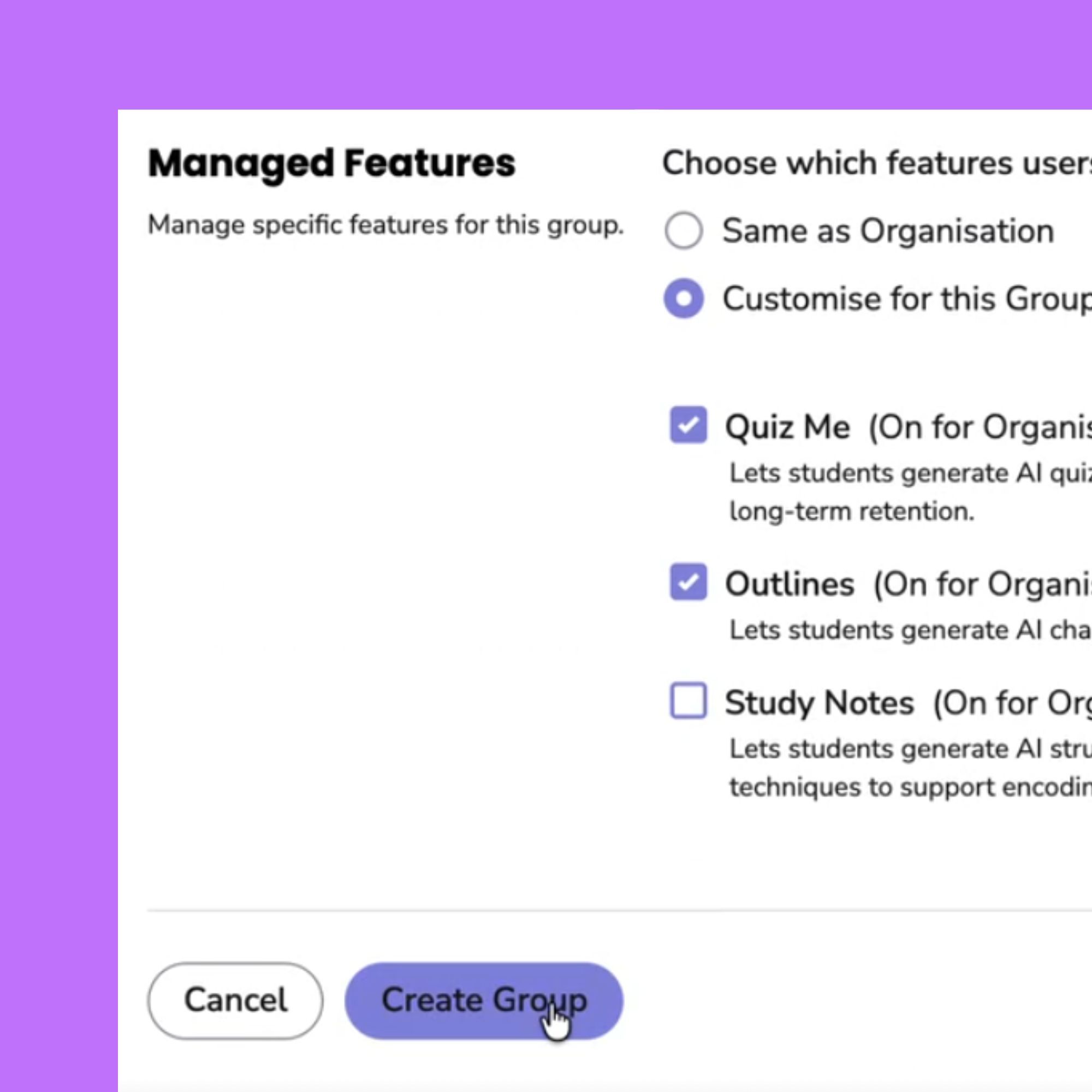 Manage Features Website interface