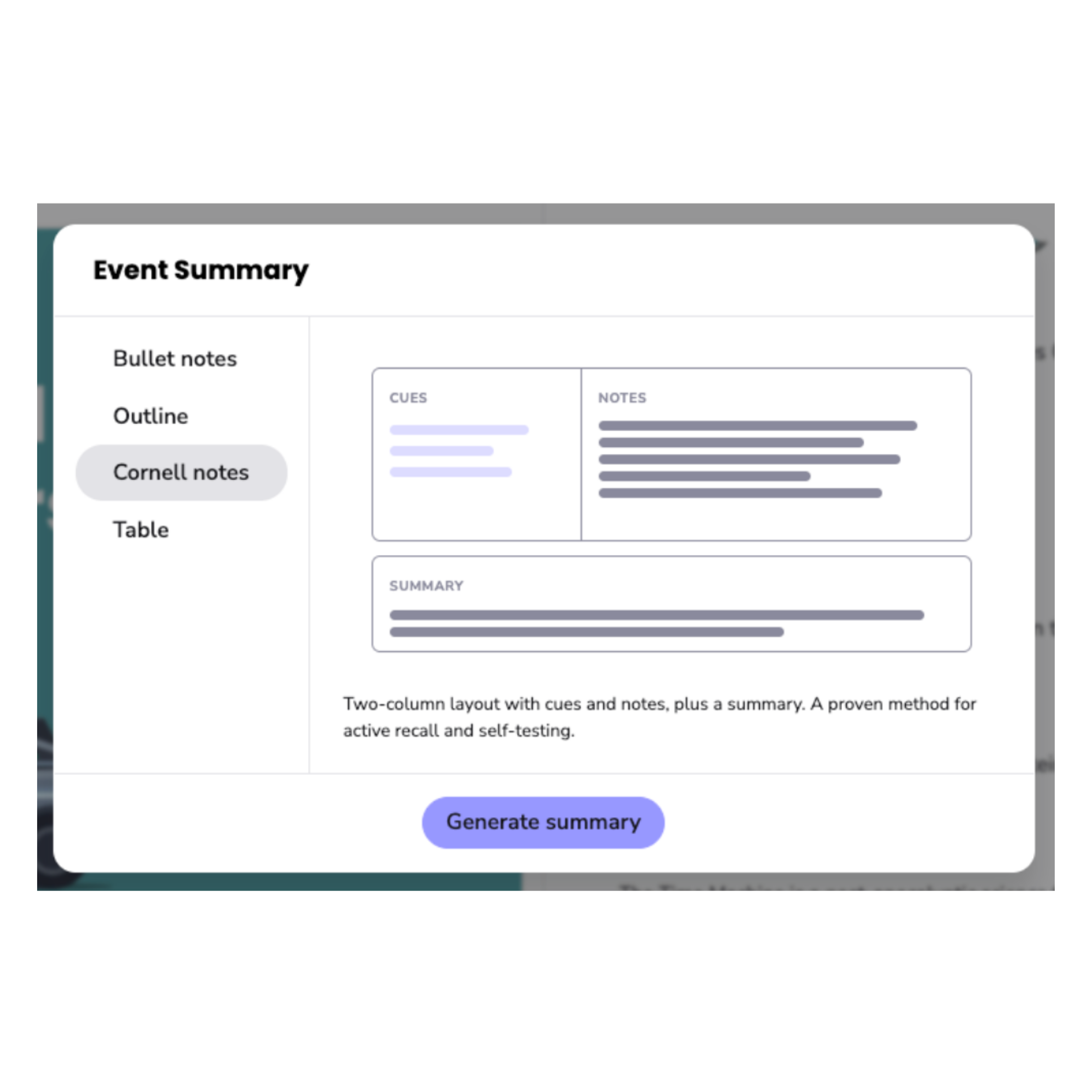 Screen popup that reads 'Event Summary' with a template or Cornell notes