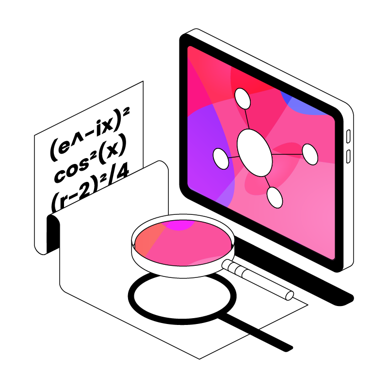 Illustration of mathematical formulas and a tablet