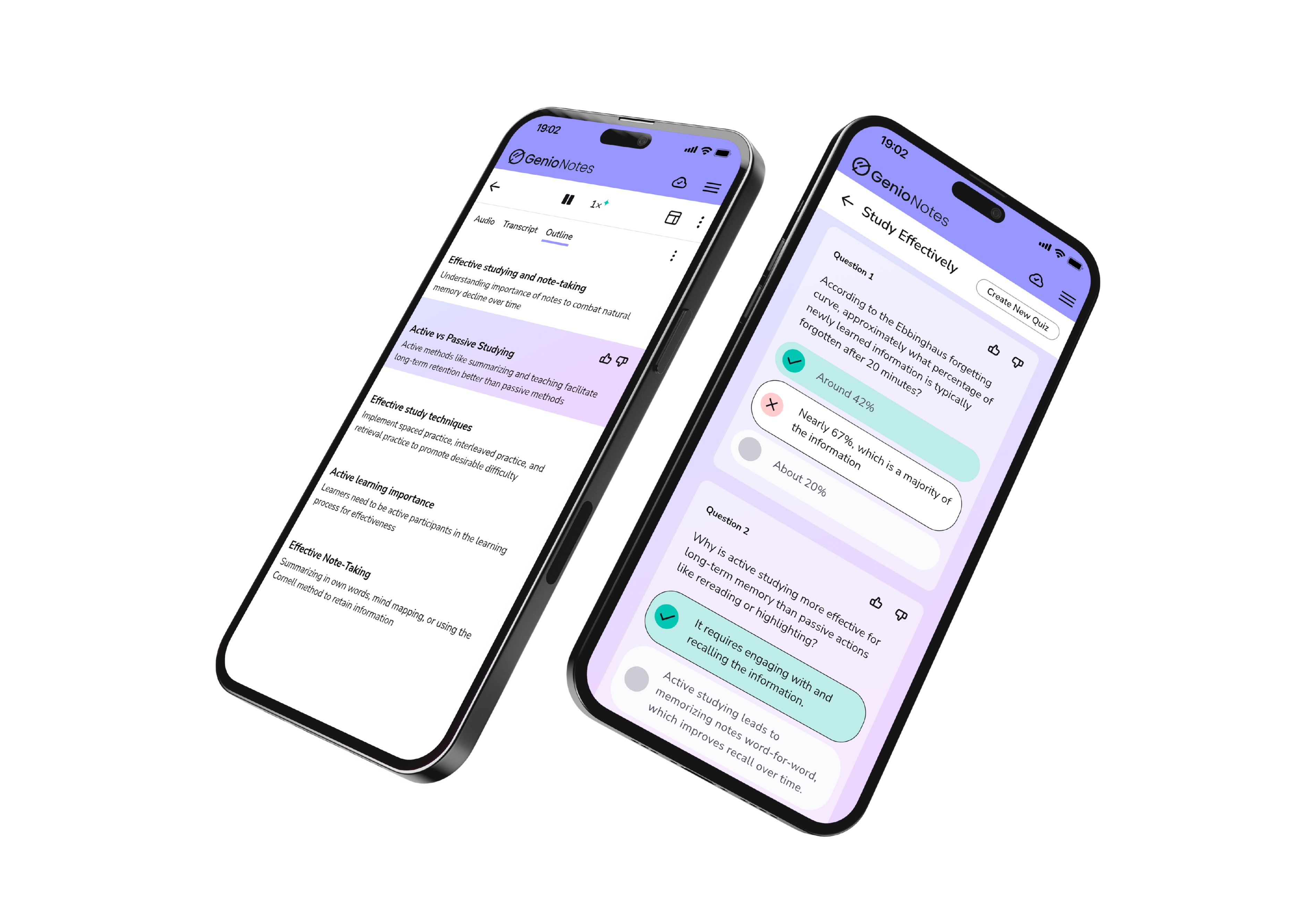 Two smartphones displaying Genio Notes on a gradient background. The screens show the Genio features Quiz Me and AI Outline.
