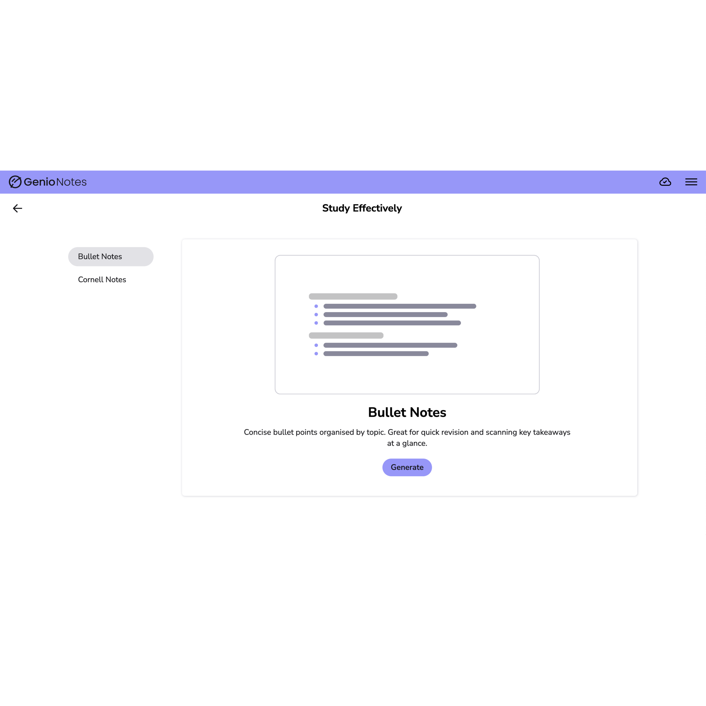 Provided Study Notes screen image with Bullet Notes selected