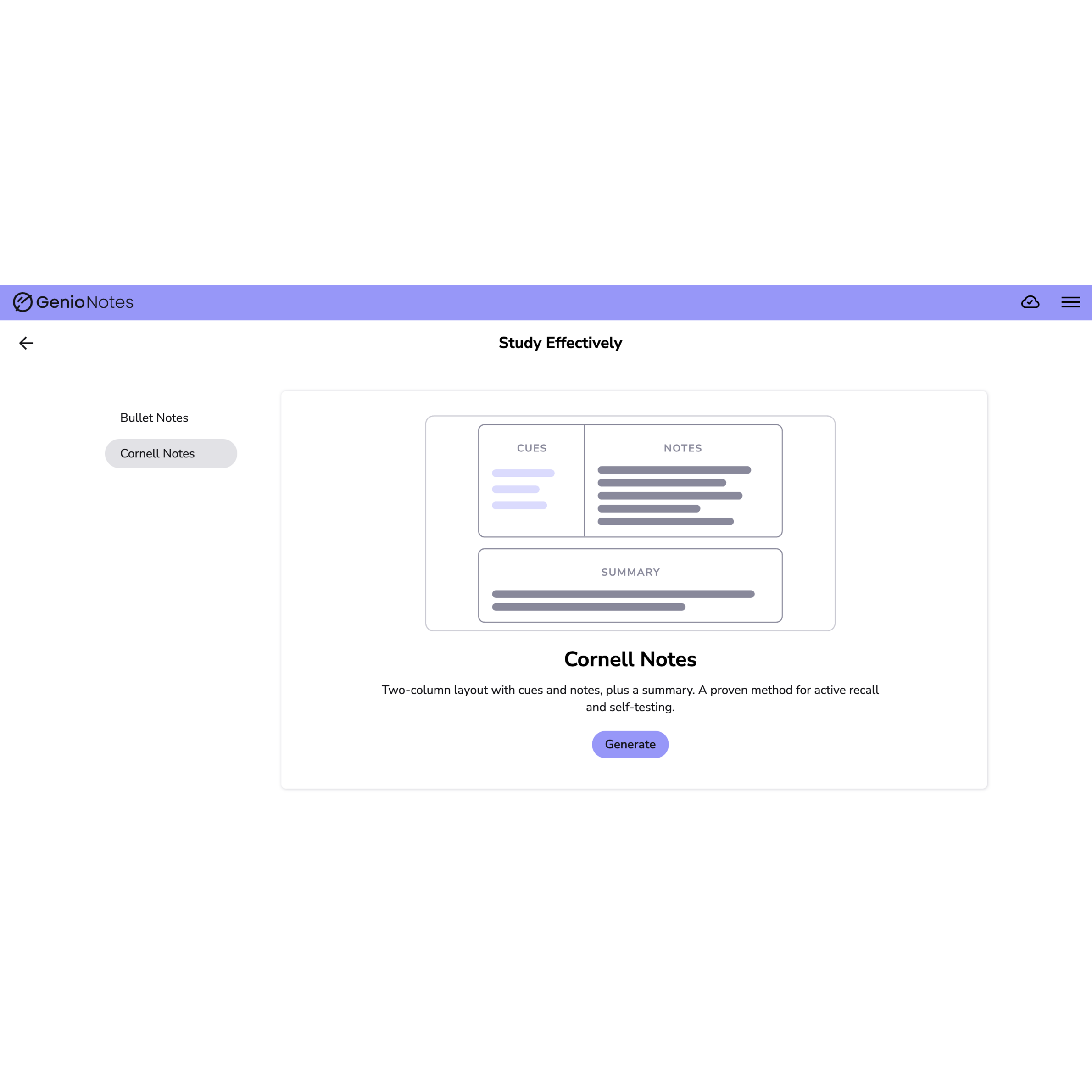 Provided Study Notes screen image with Cornell Notes selected